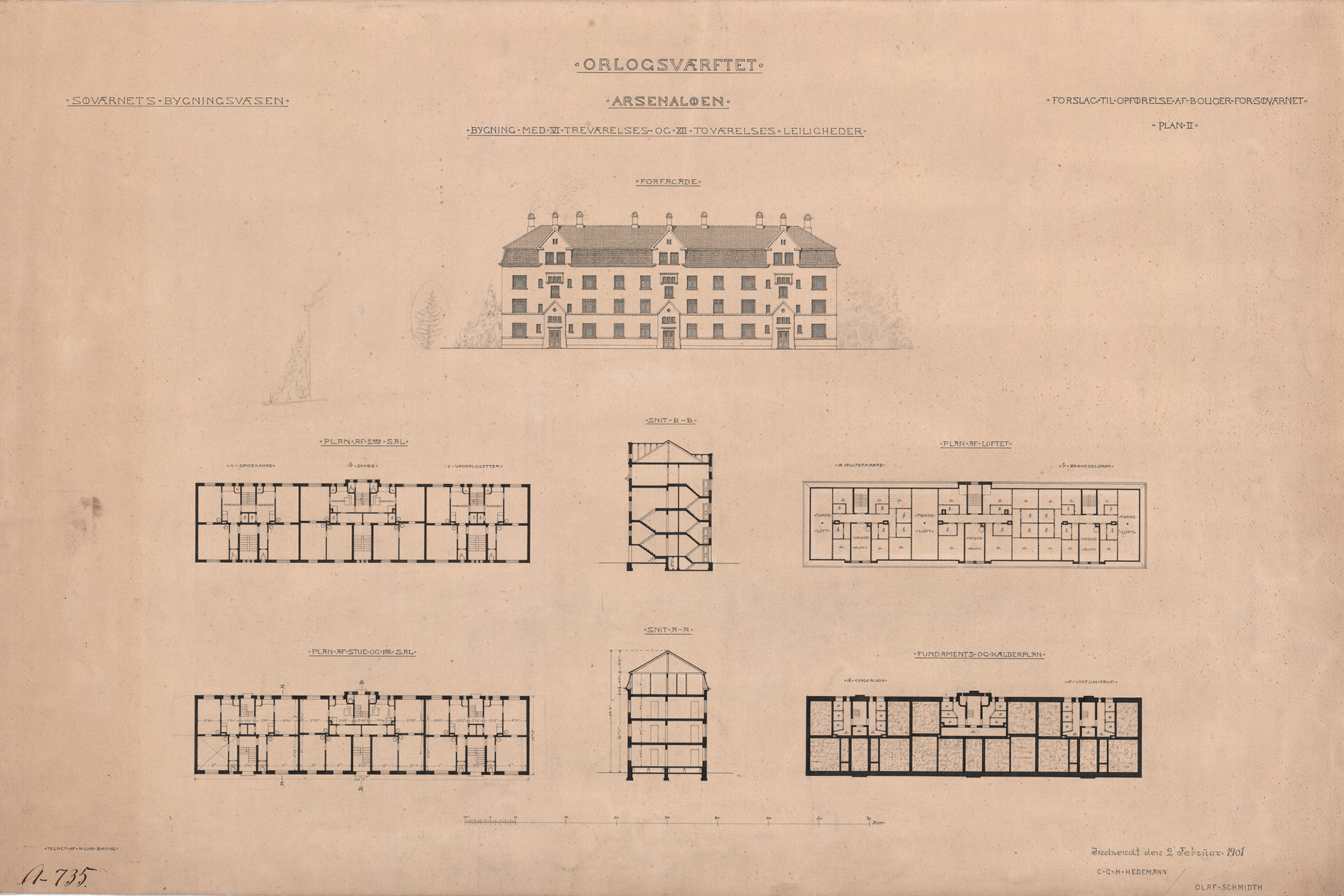 Arkitekt og bygningsinspektør ved Orlogsværftets Bygningsvæsen Olaf Schmidth præsenterede i 1901 tegninger til en ny matrosby på Arsenaløen med bedre og sundere boliger til flådens folk. 

Foto: Det Kongelige Bibliotek, arkitekt Olaf Schmidth. 
